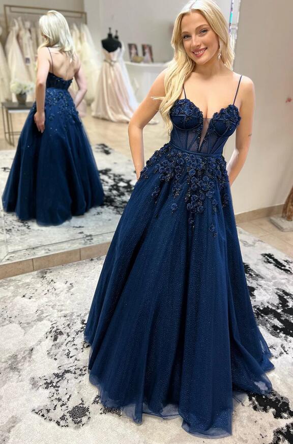 Straps A-line Long Prom Dress with Floral Appliques