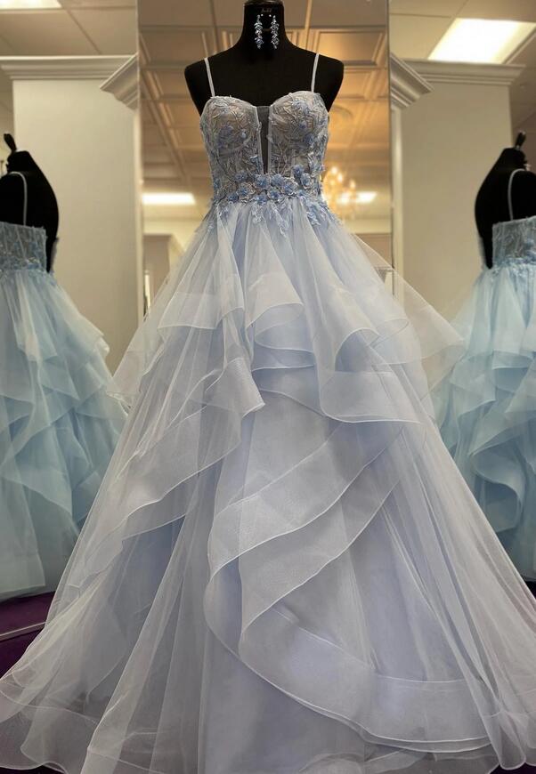 Straps Ball Gown Long Prom Dress with Layers Skirt