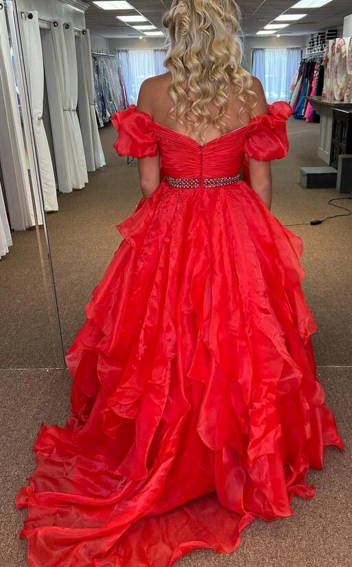 Red Long Prom Dress with Layers Skirt and Off the Shoulder Sleeves