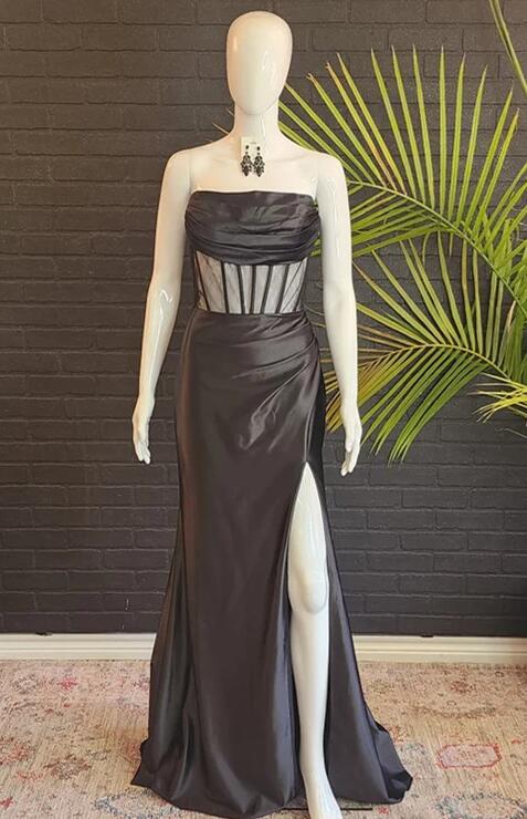 Strapless Satin Long Prom Dress with Sheer Corset Bodice and Slit