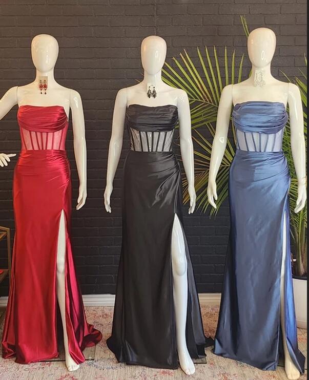Strapless Satin Long Prom Dress with Sheer Corset Bodice and Slit