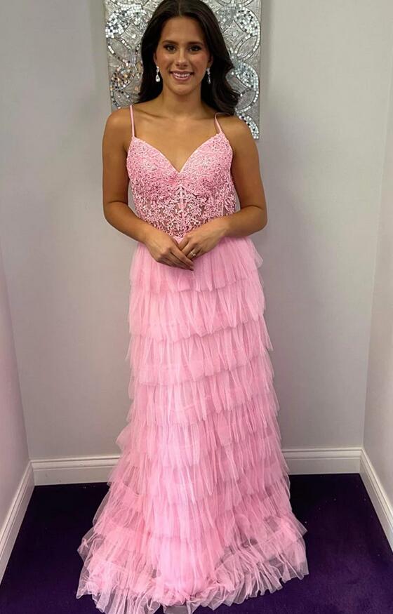 Straps Long Prom Dress with Sheer Corset Bodice and Ruffle Skirt