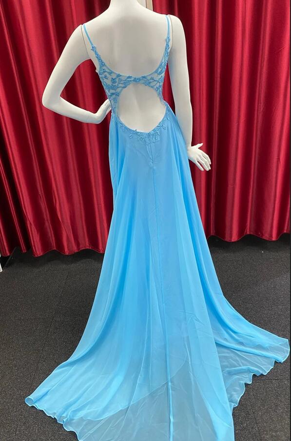 Straps Chiffon Long Prom Dress with Leaf Lace Bodice