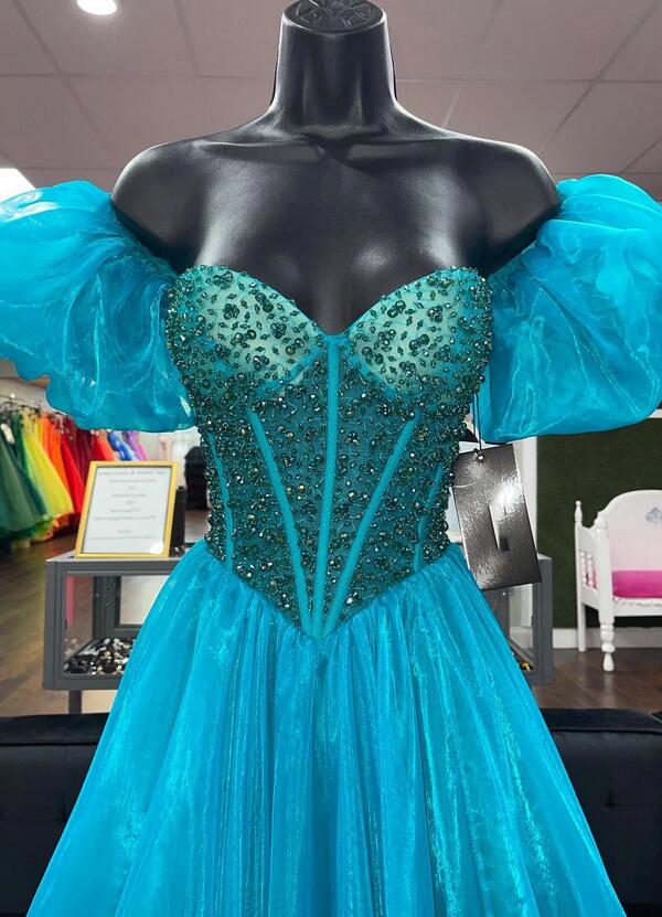 Long Prom Dress with Beaded Top and Off-the-Shoulder Sleeves