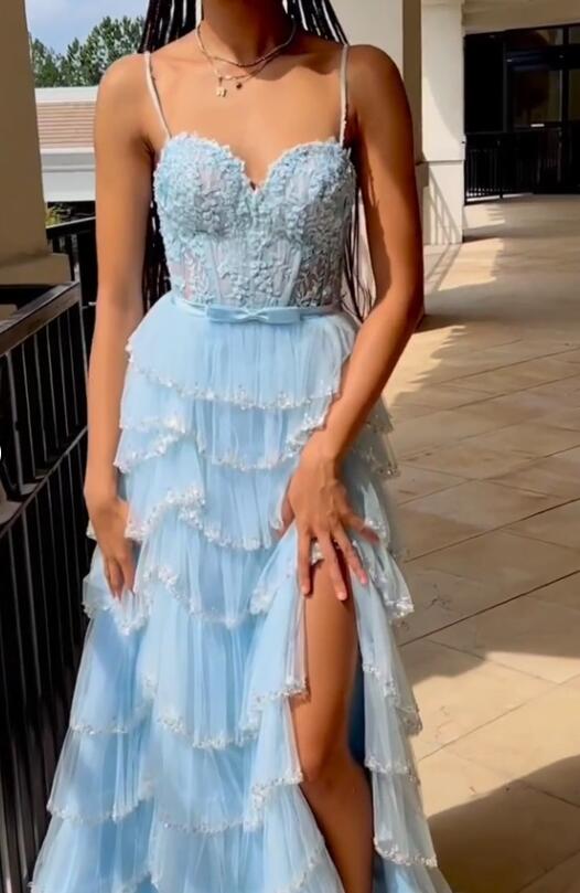 Straps Long Prom Dress with Lace Top and Ruffle Skirt