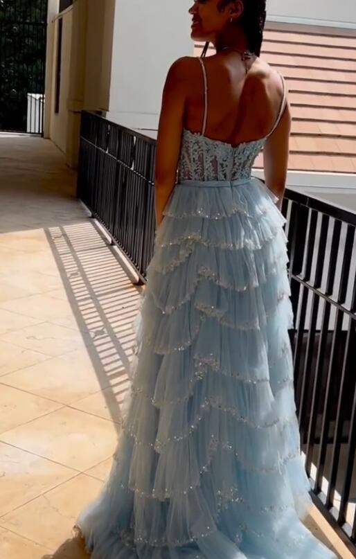 Straps Long Prom Dress with Lace Top and Ruffle Skirt