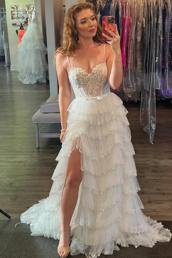 Straps Long Prom Dress with Lace Top and Ruffle Skirt