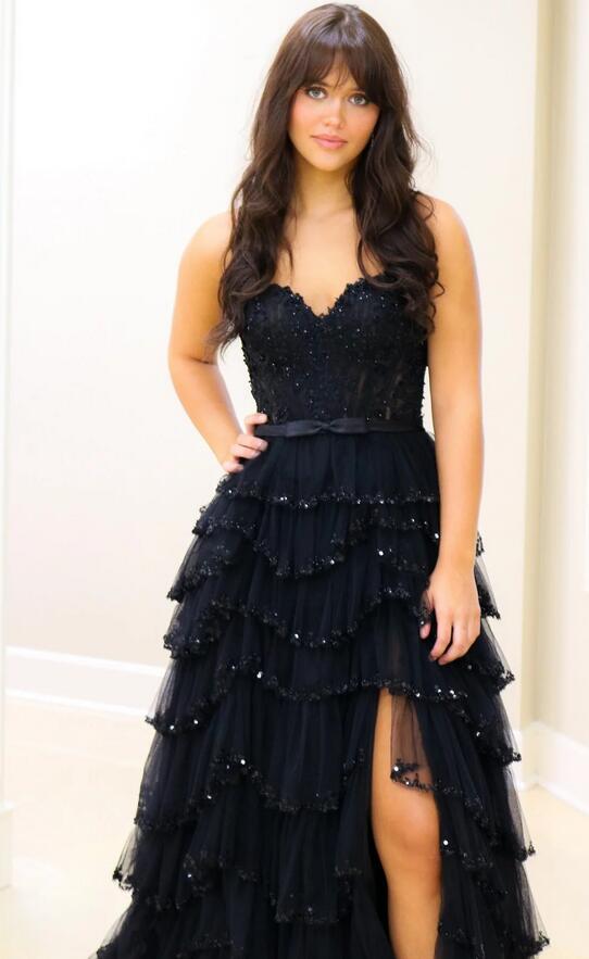 Straps Long Prom Dress with Lace Top and Ruffle Skirt