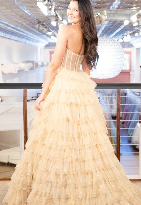 Strapless Sequins Tulle Long Prom Dress with Sheer Corset Bodice and Ruffle Skirt