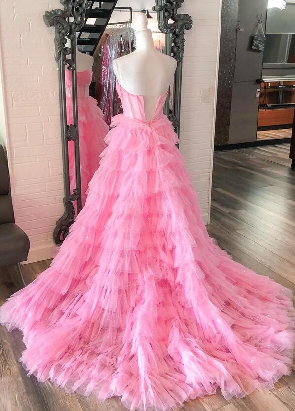 Strapless Sequins Tulle Long Prom Dress with Sheer Corset Bodice and Ruffle Skirt