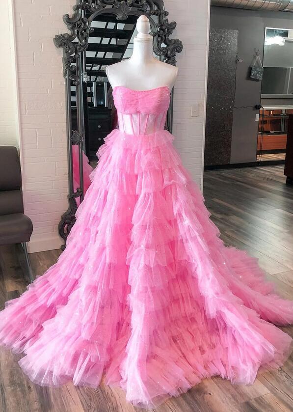 Strapless Sequins Tulle Long Prom Dress with Sheer Corset Bodice and Ruffle Skirt
