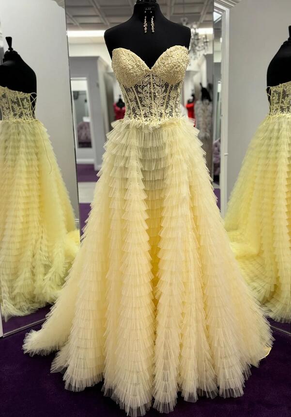 Strapless Tulle Long Prom Dress with Sheer Corset Bodice and Ruffle Skirt