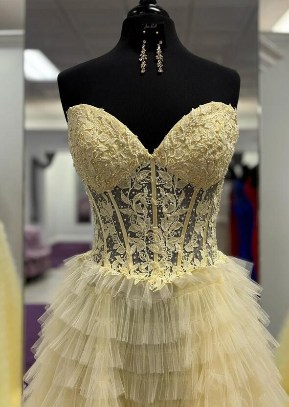 Strapless Tulle Long Prom Dress with Sheer Corset Bodice and Ruffle Skirt