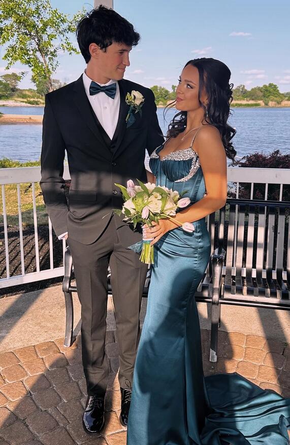 Straps Mermaid Long Prom Dress with Beading and Slit