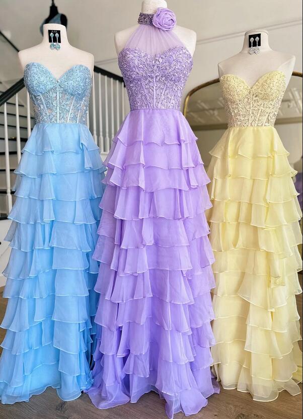 Chiffon Long Prom Dress with Lace Corset Bodice and Ruffle Skirt