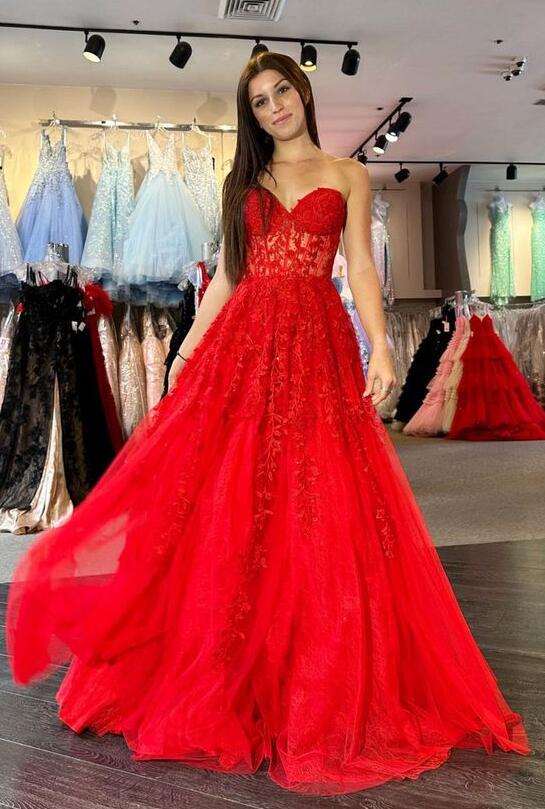 Strapless Leaf Lace Long Prom Dress with Sherr Corset Bodice