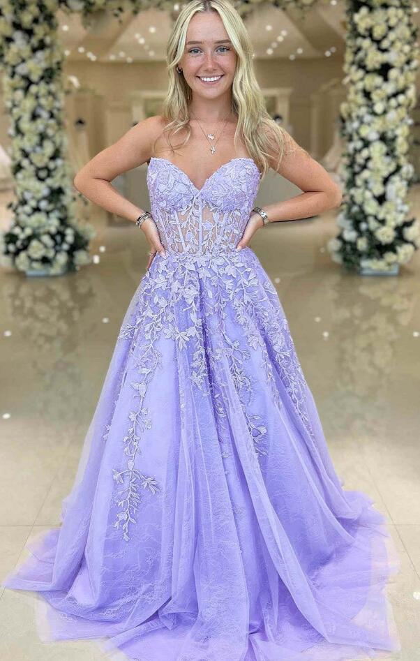 Strapless Leaf Lace Long Prom Dress with Sherr Corset Bodice