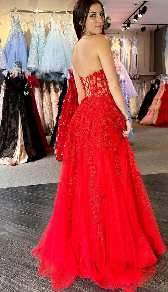 Strapless Leaf Lace Long Prom Dress with Sherr Corset Bodice