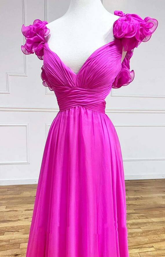 V-neck A-line Long Prom Dress with Lace-up Back