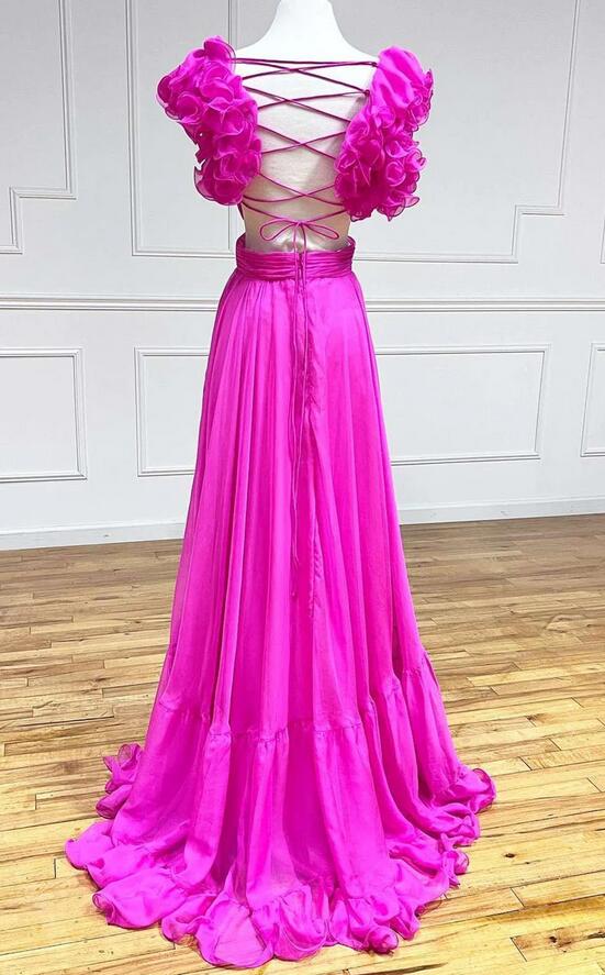 V-neck A-line Long Prom Dress with Lace-up Back