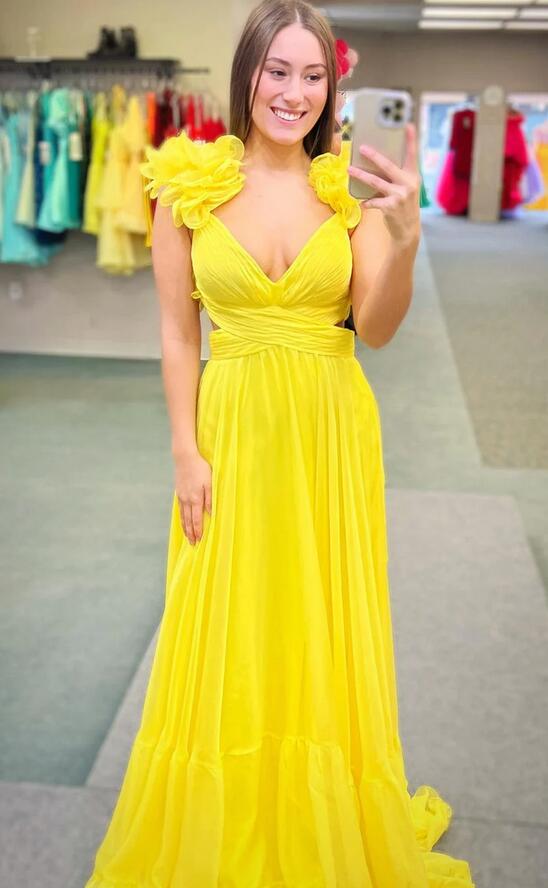 V-neck A-line Long Prom Dress with Lace-up Back