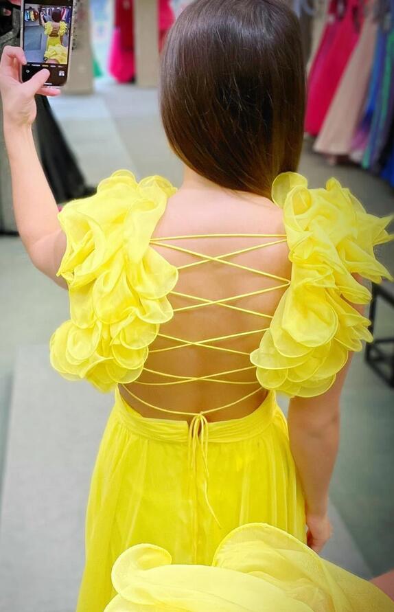 V-neck A-line Long Prom Dress with Lace-up Back
