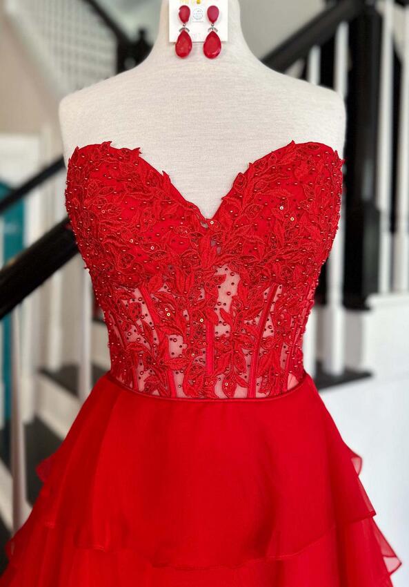 Red Chiffon Long Prom Dress with Lace Corset Bodice and Ruffle Skirt