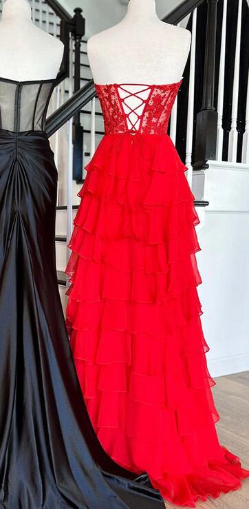 Red Chiffon Long Prom Dress with Lace Corset Bodice and Ruffle Skirt