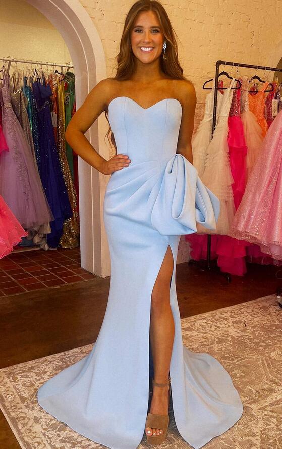Strapless Light Blue Long Prom Dress with Bow and Slit