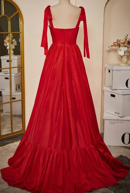 Tie Straps Red A-Line Long Prom Dress