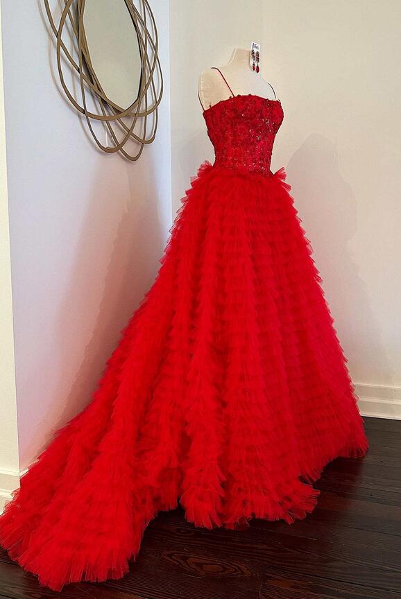 Straps Ball Gown Long Prom Dress with Lace Corset Bodice and Ruffle Skirt