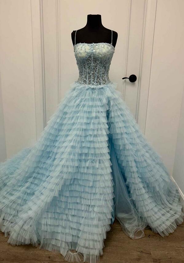 Straps Ball Gown Long Prom Dress with Lace Corset Bodice and Ruffle Skirt