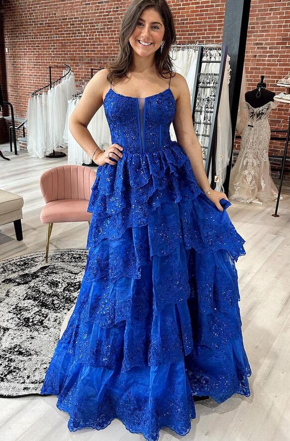 Straps Sequins Tulle/Lace Long Prom Dress with Ruffle Skirt