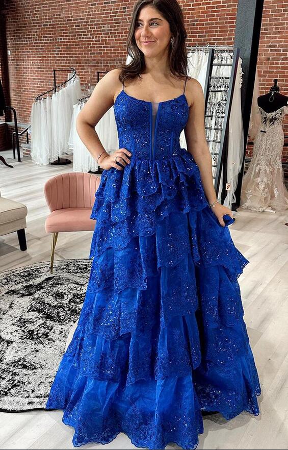 Straps Sequins Tulle/Lace Long Prom Dress with Ruffle Skirt