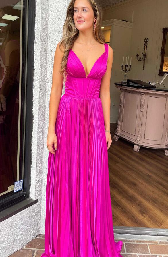 V-Neck A-Line Fuchsia Pleated Long Prom Dress
