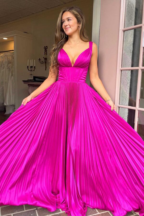 V-Neck A-Line Fuchsia Pleated Long Prom Dress