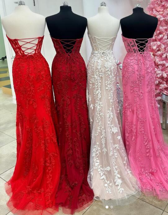 Strapless Leaf Lace Fitted Long Prom Dress with Sherr Corset Bodice