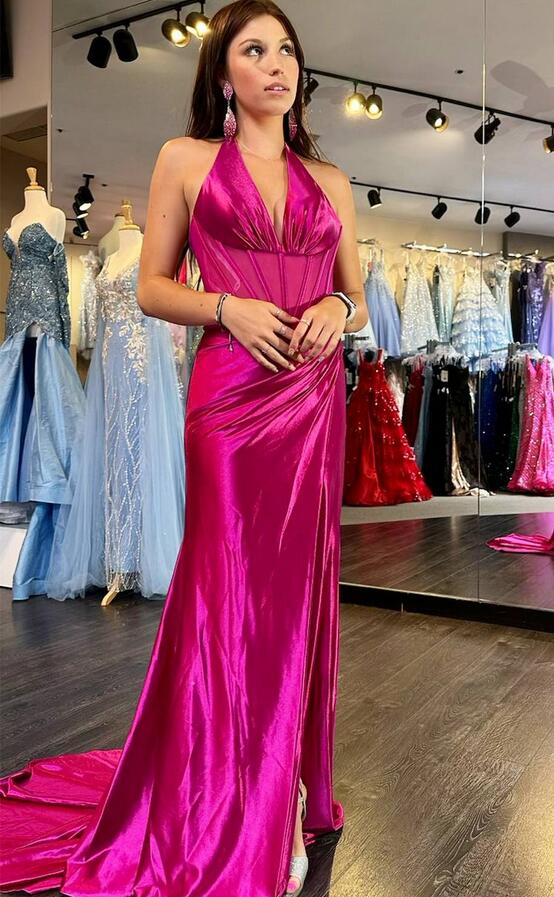 Halter Ruching Mermaid Long Prom Dress with Slit