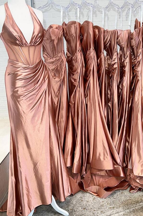 Halter Ruching Mermaid Long Prom Dress with Slit