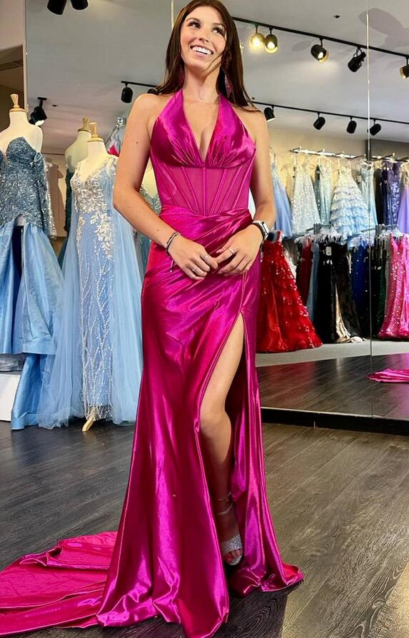 Halter Ruching Mermaid Long Prom Dress with Slit