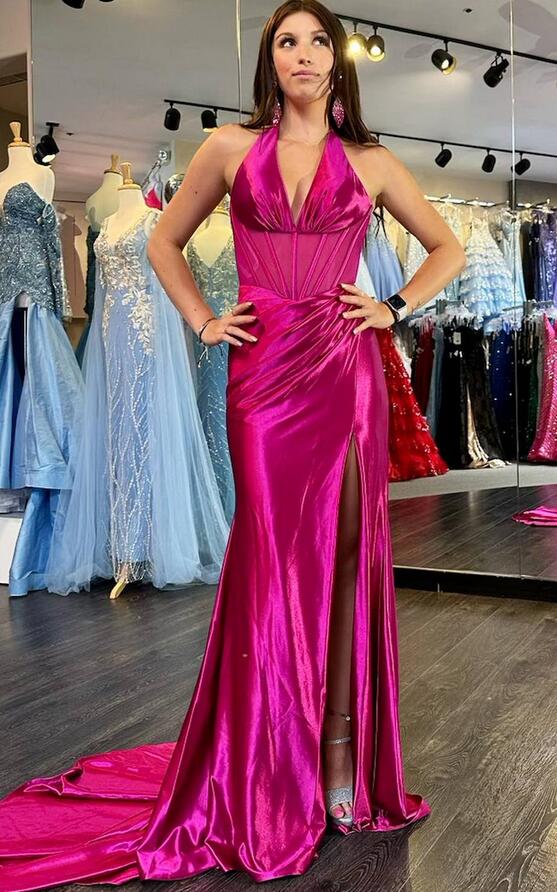 Halter Ruching Mermaid Long Prom Dress with Slit