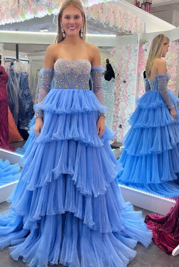 Strapless Long Prom Dress with Pleated Organza Ruffle Skirt and Removable Pearl Sleeves