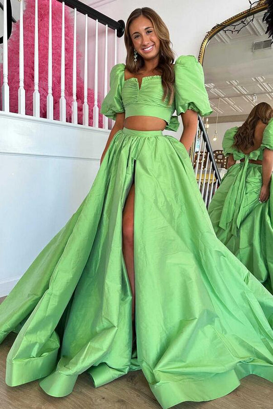 Two Pieces Long Prom Dress with Balloon Sleeves and Slit