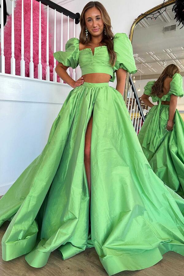 Two Pieces Long Prom Dress with Balloon Sleeves and Slit