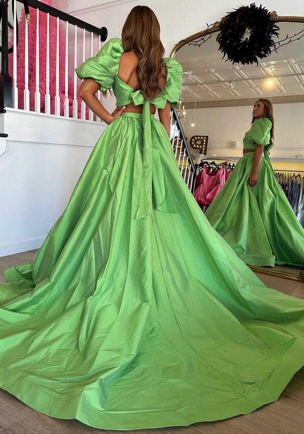 Two Pieces Long Prom Dress with Balloon Sleeves and Slit