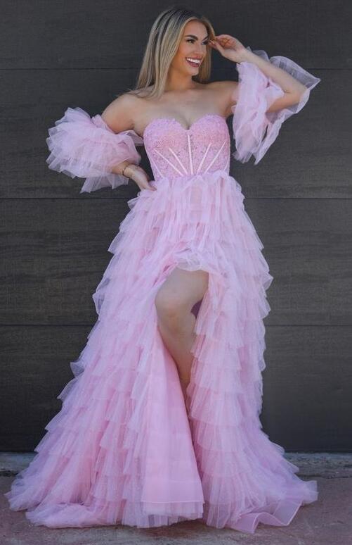 Strapless Long Prom Dress with Lace Corset Bodice and Ruffle Skirt