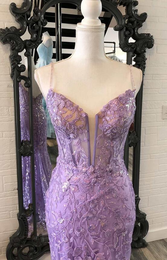 Straps Mermaid Sequins Lace Long Prom Dress