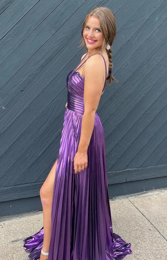 Spaghetti Straps Metallic Keyhole Long Prom Dress with Slit