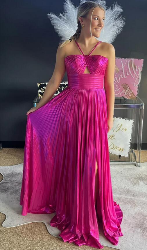 Spaghetti Straps Metallic Keyhole Long Prom Dress with Slit