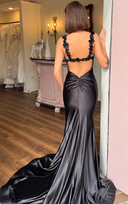 Floral Straps Mermaid Black Long Prom Dress with Slit